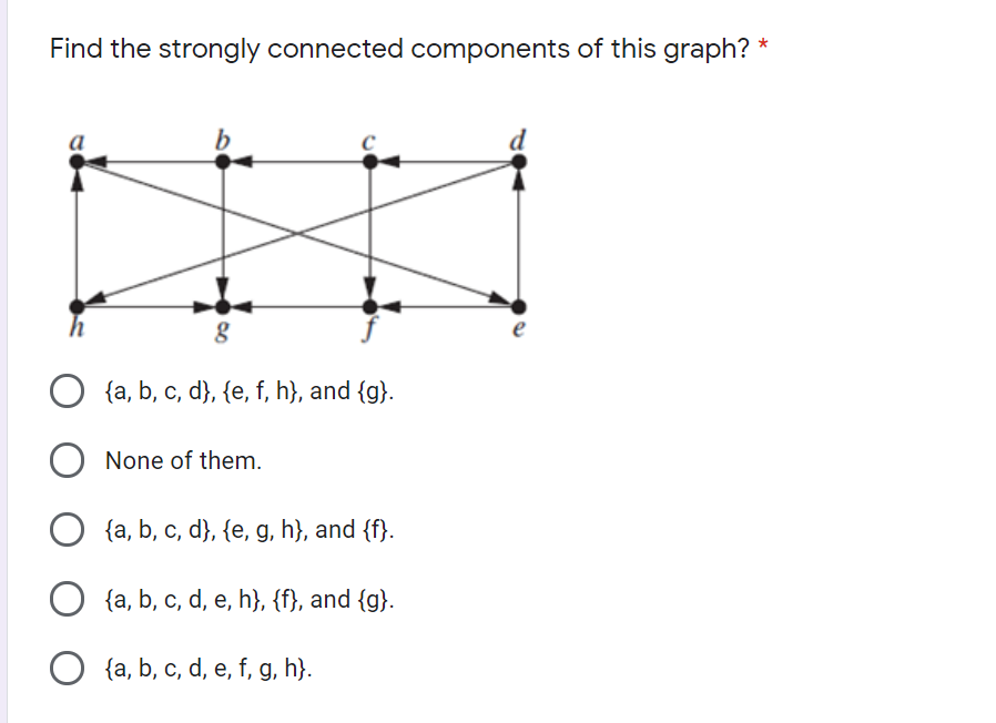 Find the strongly connected components of this graph? *
b
e
{a, b, c, d}, {e, f, h}, and {g}.
O None of them.
{a, b, c, d}, {e, g, h}, and {f}.
{a, b, c, d, e, h}, {f}, and {g}.
O {a, b, c, d, e, f, g, h}.
