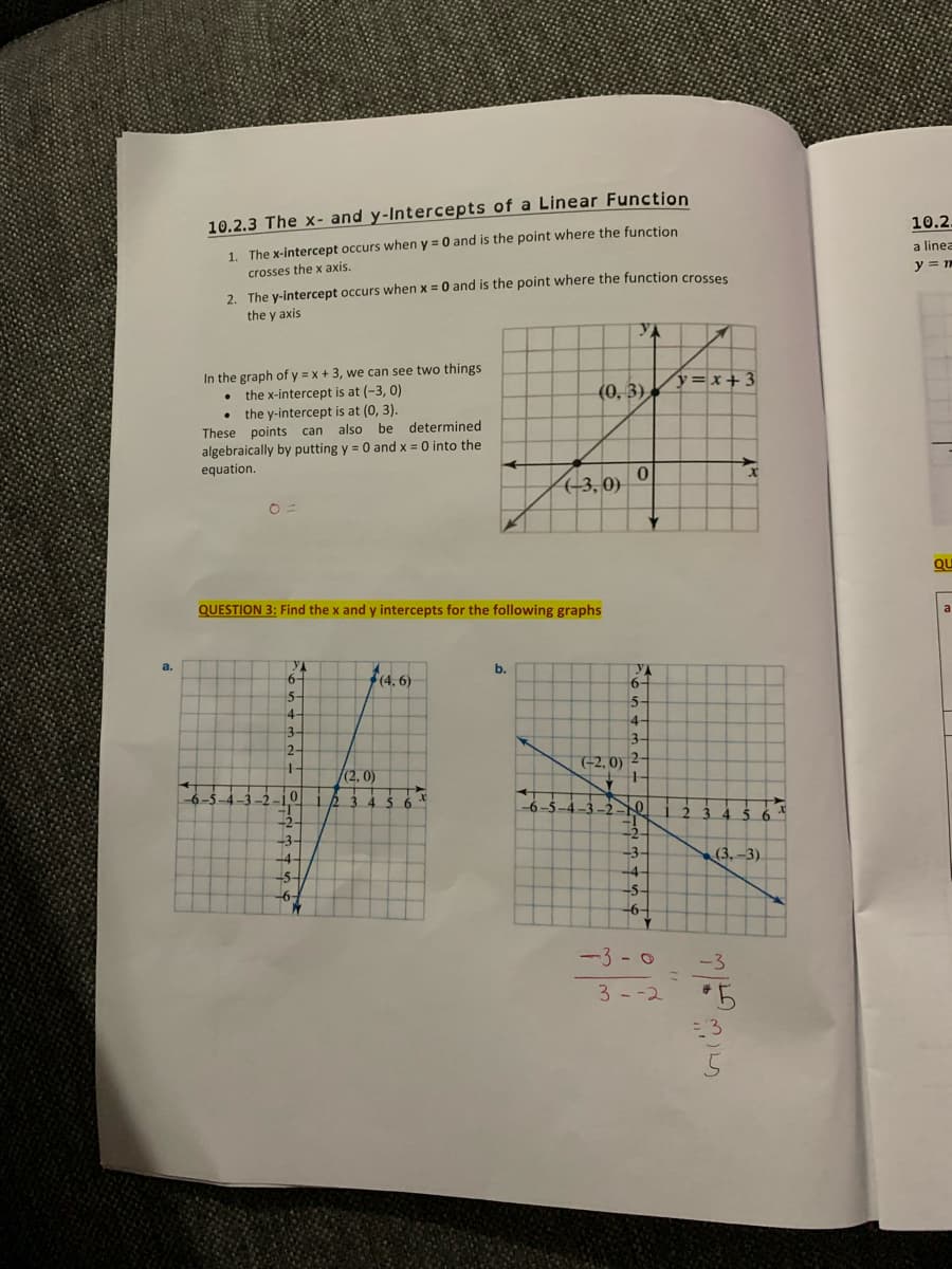 10.2.3 The x- and y-Intercepts of a Linear Function
10.2.
1. The x-intercept occurs when y = 0 and is the point where the funcțion
crosses the x axis.
a linea
y = m
2. The y-intercept occurs when x = 0 and is the point where the function crosses
the y axis
YA
In the graph of y = x + 3, we can see two things
• the x-intercept is at (-3, 0)
• the y-intercept is at (0, 3).
These points can also be determined
algebraically by putting y = 0 and x = 0 into the
equation.
y= x + 3
(0, 3)
(-3,0)
QU
QUESTION 3: Find the x and y intercepts for the following graphs
a
YA
6-
a.
b.
f(4, 6)
yA
6-
5-
5-
4-
4-
3-
3-
2-
(-2, 0) 2-
(2, 0)
-6-5-4-3 -2-i0
3.
5.6.
-6-5
-2
4 5
2-
3-
-3-
(3, –3).
4-
-4-
-5-
-5-
-6-
-3- 0
-3
3- -2
