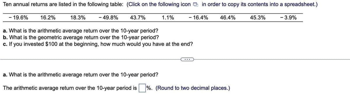 Ten annual returns are listed in the following table: (Click on the following icon in order to copy its contents into a spreadsheet.)
- 19.6%
16.2%
18.3%
- 49.8%
43.7%
1.1%
- 16.4%
a. What is the arithmetic average return over the 10-year period?
b. What is the geometric average return over the 10-year period?
c. If you invested $100 at the beginning, how much would you have at the end?
46.4%
a. What is the arithmetic average return over the 10-year period?
The arithmetic average return over the 10-year period is %. (Round to two decimal places.)
45.3%
- 3.9%