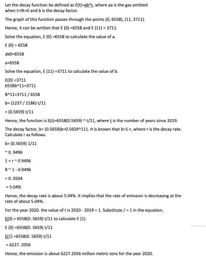 Let the decay function be defined as E(t)=ab^t, where aa is the gas emitted
when t=0t=0 and b is the decay factor.
The graph of this function passes through the points (0, 6558), (11, 3711).
Hence, it can be written that E (0) =6558 and E (11) = 3711.
Solve the equation, E (0) =6558 to calculate the value of a.
E (0) = 6558
ab0=6558
a=6558
Solve the equation, E (11) =3711 to calculate the value of b.
E(D) =3711
6558b^11=3711
B^11=3711 /6558
b= (1237 / 2186) t/11
= (0.5659) t/11
Hence, the function is E(t)=6558(0.5659) ^ t/11, where ț is the number of years since 2019.
The decay factor, b= (0.5659)b=0.5659^111. It is known that b=1-r, where r is the decay rate.
Calculate r as follows.
b= (0.5659) 1/11
* 0. 9496
1=r*0 9496
R~1- 0.9496
= 0. 0504
= 5.04%
Hence, the decay rate is about 5.04%. It implies that the rate of emission is decreasing at the
rate of about 5.04%.
For the year 2020. the value of t is 2020 - 2019 = 1. Substitute / = 1 in the equation,
E(0) = 6558(0. 5659) t/11 to calculate E (1).
%3D
E (0) =6558(0. 5659) t/11
E(1) =6558(0. 5659) t/11
= 6227. 2056
Hence, the emission is about 6227.2056 million metric tons for the year 2020.
