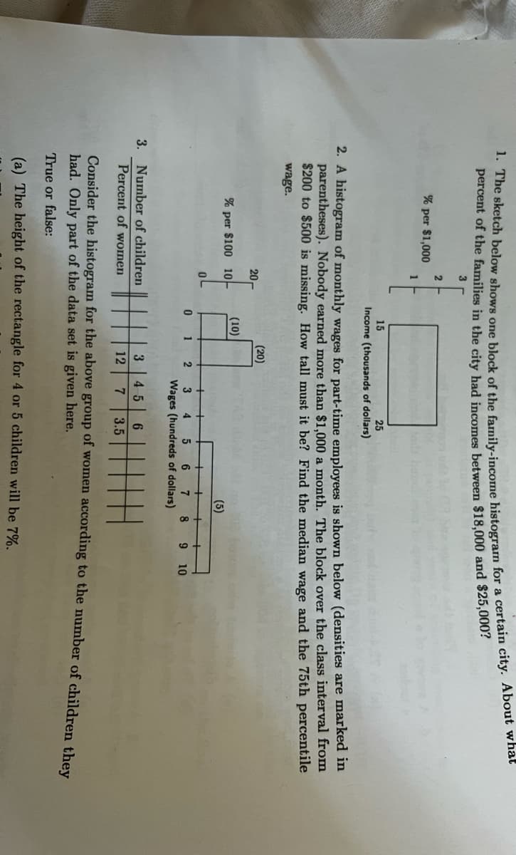percent of the families in the city had incomes between $18,000 and $25,000?
% per $1,000
1
15
25
Income (thousands of dollars)
2. A histogram of monthly wages for part-time employees is shown below (densities are marked in
parentheses). Nobody earned more than $1,000 a month. The block over the class interval from
$200 to $500 is missing. How tall must it be? Find the median wage and the 75th percentile
wage.
(20)
20-
(10)
% per $100 10-
(5)
1
3
4
5
6
8
7
Wages (hundreds of dollars)
10
3. Number of children
Percent of women
3
45
6.
12
7
3.5
Consider the histogram for the above group of women according to the number of children they
had. Only part of the data set is given here.
True or false:
(a) The height of the rectangle for 4 or 5 children will be 7%.
