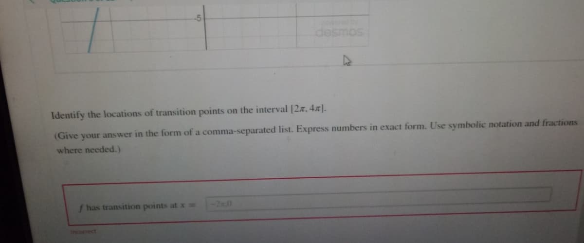 Identify the locations of transition points on the interval [2, 4].
(Give your answer in the form of a comma-separated list. Express numbers in exact form. Use symbolic notation and fractions
where needed.)
f has transition points at x =
desmos
Incorrect