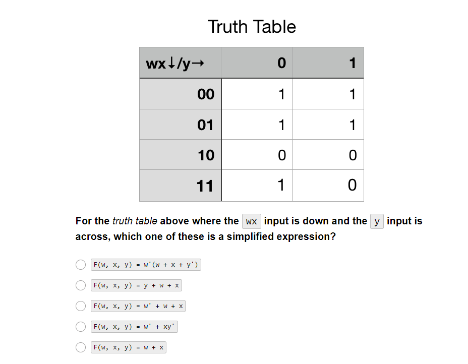 wx+/y→
F(W, x, y) = w' + xy'
Truth Table
00
F(W₂ x, y) = w' (w + x + y')
|F(W, x, y) = y +w + x
F(w, x, y) = w' + W + X
OF(w, x, y) = w + x
01
10
11
0
1
1
0
For the truth table above where the wx input is down and the y input is
across, which one of these is a simplified expression?
1
1
1
1
0
0