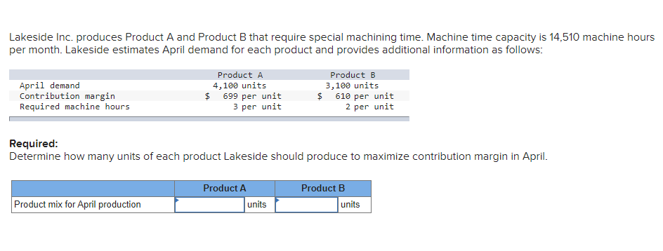 ### Lakeside Inc. Production Planning for April

Lakeside Inc. specializes in the production of two products, Product A and Product B, both of which require specialized machining time. The machinery can operate for a total of 14,510 machine hours each month.

Here's a breakdown of the estimated demand and other relevant details for April:

#### Product Information

|                          | **Product A** | **Product B** |
|--------------------------|---------------|---------------|
| **April demand**         | 4,100 units   | 3,100 units   |
| **Contribution margin**  | $699 per unit | $610 per unit |
| **Required machine hours** | 3 per unit   | 2 per unit    |

#### Required Task:
Determine the optimal production mix for Product A and Product B that maximizes the contribution margin within the given machine hour capacity for April.

### Production Mix Calculation

To derive the optimal production mix, input the number of units for Product A and Product B in the table below:

|                         | **Product A**   | **Product B**   |
|-------------------------|-----------------|-----------------|
| **Product mix for April production** | _____ units | _____ units |

Use this information and the constraints provided to maximize the total contribution margin under the specified machine hour capacity.