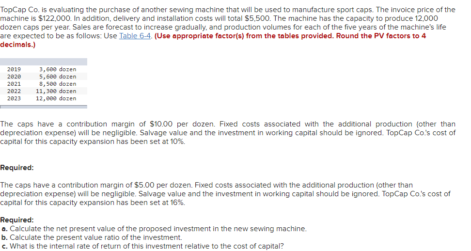 TopCap Co. is evaluating the purchase of another sewing machine that will be used to manufacture sport caps. The invoice price of the
machine is $122,000. In addition, delivery and installation costs will total $5,500. The machine has the capacity to produce 12,000
dozen caps per year. Sales are forecast to increase gradually, and production volumes for each of the five years of the machine's life
are expected to be as follows: Use Table 6-4. (Use appropriate factor(s) from the tables provided. Round the PV factors to 4
decimals.)
3,600 dozen
5,600 dozen
8,500 dozen
11,300 dozen
12,000 dozen
2019
2020
2021
2022
2023
The caps have a contribution margin of $10.00 per dozen. Fixed costs associated with the additional production (other than
depreciation expense) will be negligible. Salvage value and the investment in working capital should be ignored. TopCap Co.'s cost of
capital for this capacity expansion has been set at 10%.
Required:
The caps have a contribution margin of $5.00 per dozen. Fixed costs associated with the additional production (other than
depreciation expense) will be negligible. Salvage value and the investment in working capital should be ignored. TopCap Co.'s cost of
capital for this capacity expansion has been set at 16%.
Required:
a. Calculate the net present value of the proposed investment in the new sewing machine.
b. Calculate the present value ratio of the investment.
c. What is the internal rate of return of this investment relative to the cost of capital?
