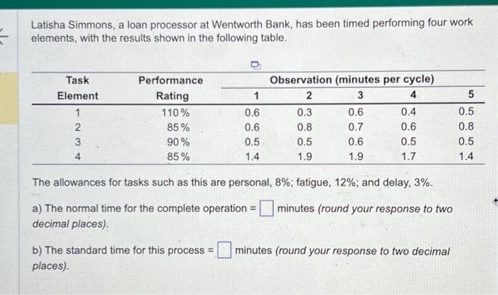 Latisha Simmons, a loan processor at Wentworth Bank, has been timed performing four work
elements, with the results shown in the following table.
Task
Element
1
2
3
4
Performance
Rating
110%
85%
90%
85%
1
0.6
0.6
0.5
1.4
Observation (minutes per cycle)
2
3
4
0.3
0.8
0.5
1.9
0.6
0.7
0.6
1.9
0.4
0.6
0.5
1.7
The allowances for tasks such as this are personal, 8%; fatigue, 12%; and delay, 3%.
minutes (round your response to two
a) The normal time for the complete operation :
=
decimal places).
b) The standard time for this process = minutes (round your response to two decimal
places).
0.5
0.8
0.5
1.4