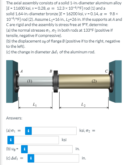 The axial assembly consists of a solid 1-in-diameter aluminum alloy
[E = 11600 ksi, v= 0.28, a = 12.3x 10-6/°F]rod (1) and a
solid 1.64-in-diameter bronze [E = 16200 ksi, v = 0.14, a = 9.8 x
10-6/°F] rod (2). Assume L=16 in., L2=26 in. If the supports atA and
Care rigid and the assembly is stress free at 9°F, determine:
(a) the normal stresses o1,02 in both rods at 133°F (positive if
tensile, negative if compressive).
(b) the displacement ug of flange B (positive if to the right, negative
to the left).
(c) the change in diameter Adı of the aluminum rod.
B
C
L2
Answers:
(a) o =
ksi, o2 =
ksi
(b) ug = i
in.
(c) Ad,
in.
