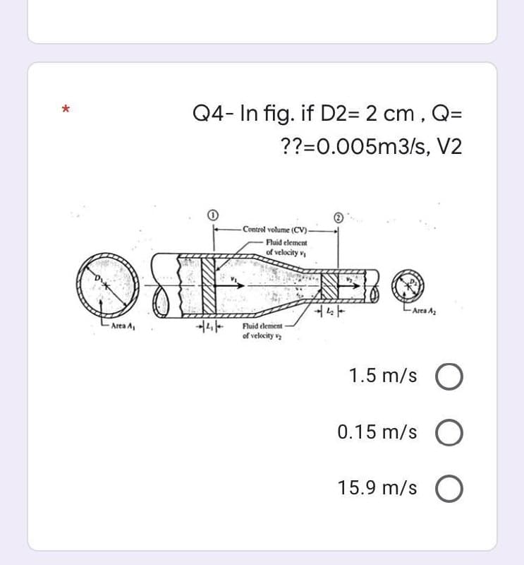 Q4- In fig. if D2= 2 cm, Q=
??=0.005m3/s, V2
- Control volume (CV)-
Fluid element
of velocity v
Area Az
Fluid element
of velocity vy
Area A
1.5 m/s O
0.15 m/s O
15.9 m/s O
