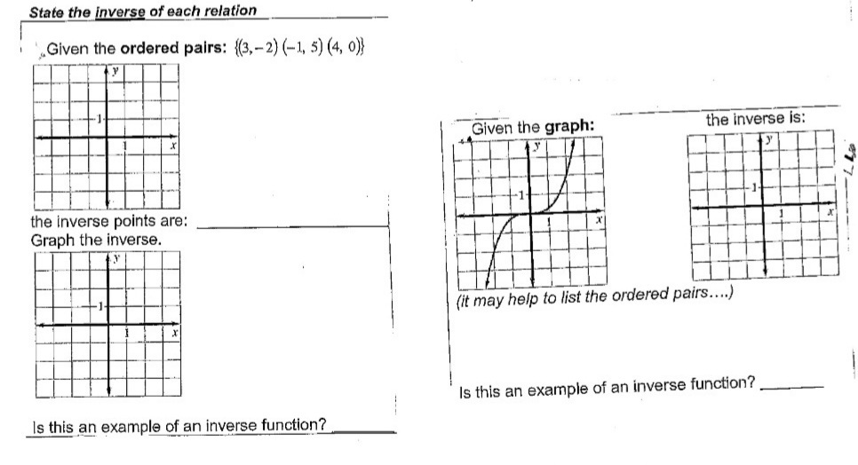 State the inverse of each relation
Given the ordered pairs: {(3,-2) (-1, 5) (4, 0)}
the inverse points are:
Graph the inverse.
Is this an example of an inverse function?
Given the graph:
the inverse is:
(it may help to list the ordered pairs....)
Is this an example of an inverse function?
La