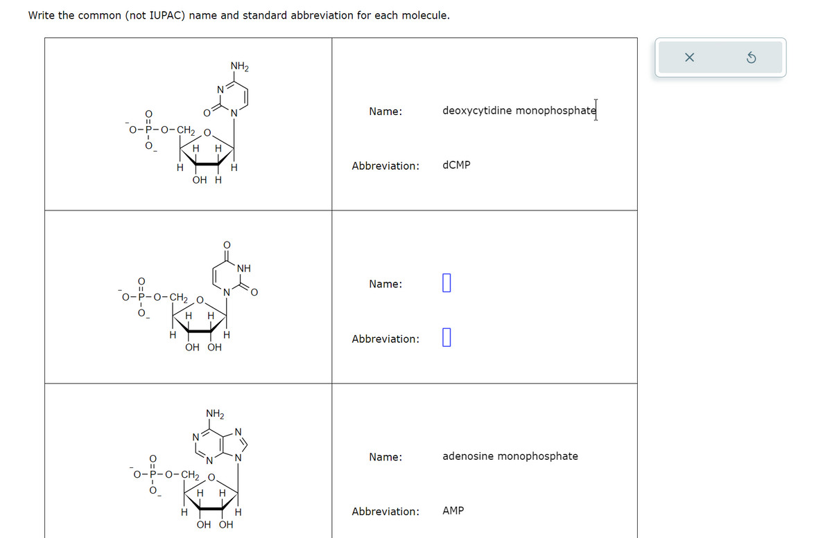 Write the common (not IUPAC) name and standard abbreviation for each molecule.
O-P-O-CH20
H H
NH2
Name:
deoxycytidine monophosphate
H
H
Abbreviation:
dCMP
OH H
O-P-O-CH2 0
H H
H
OH OH
NH2
NH
Name:
П
H
Abbreviation:
☐
CH2 O.
H H
H
OH OH
Name:
adenosine monophosphate
H
Abbreviation:
AMP