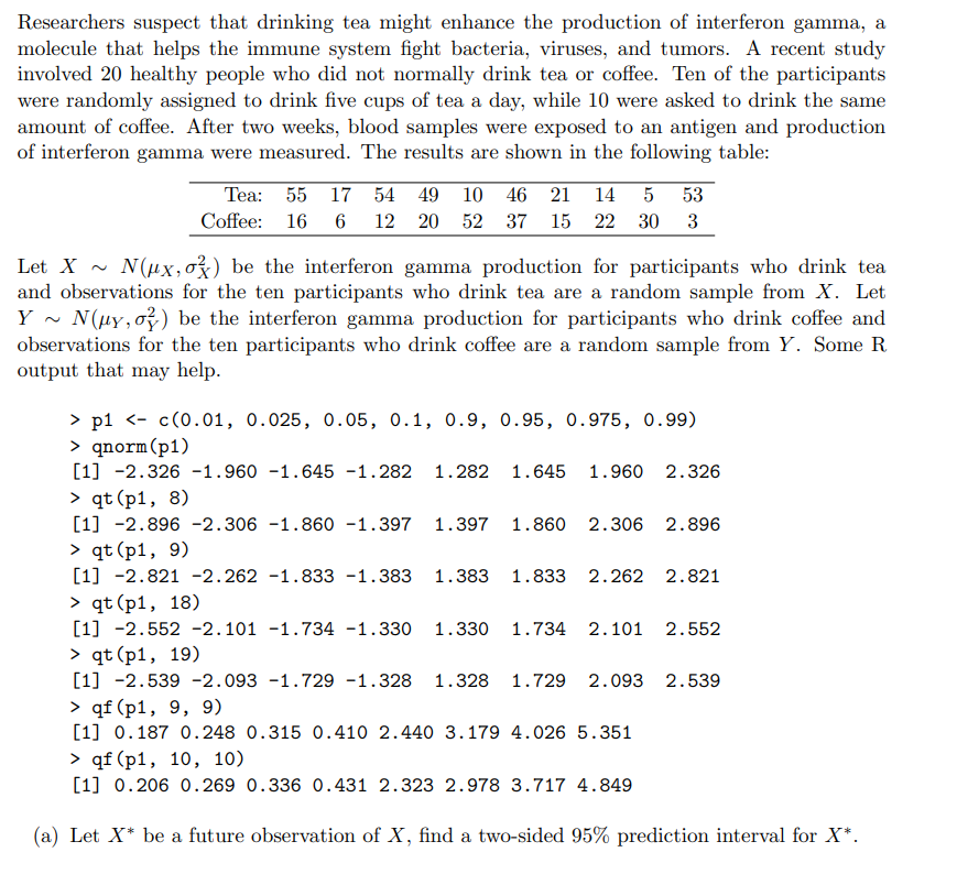 Researchers suspect that drinking tea might enhance the production of interferon gamma, a
molecule that helps the immune system fight bacteria, viruses, and tumors. A recent study
involved 20 healthy people who did not normally drink tea or coffee. Ten of the participants
were randomly assigned to drink five cups of tea a day, while 10 were asked to drink the same
amount of coffee. After two weeks, blood samples were exposed to an antigen and production
of interferon gamma were measured. The results are shown in the following table:
Теа: 55
17
54 49 10 46 21
14
53
Coffee: 16
12 20 52 37 15 22 30
3
Let X ~
N(ux,o3) be the interferon gamma production for participants who drink tea
and observations for the ten participants who drink tea are a random sample from X. Let
Y ~ N(uy,o) be the interferon gamma production for participants who drink coffee and
observations for the ten participants who drink coffee are a random sample from Y. Some R
output that may help.
> p1 <- c(0.01, 0.025, 0.05, 0.1, 0.9, 0.95, 0.975, 0.99)
> qnorm(p1)
[1] -2.326 -1.960 -1.645 -1.282
1.282
1.645 1.960
2.326
> qt (p1, 8)
[1] -2.896 -2.306 -1.860 -1.397
> qt (p1, 9)
[1] -2.821 -2.262 -1.833 -1.383
> qt (p1, 18)
1.397
1.860 2.306 2.896
1.383
1.833 2.262 2.821
[1] -2.552 -2.101 -1.734 -1.330
1.330
1.734 2.101
2.552
> qt(p1, 19)
[1] -2.539 -2.093 -1.729 -1.328
> qf (p1, 9, 9)
[1] 0.187 0.248 0.315 0.410 2.440 3.179 4.026 5.351
> qf (p1, 10, 10)
1.328
1.729 2.093
2.539
[1] 0.206 0.269 0.336 0.431 2.323 2.978 3.717 4.849
(a) Let X* be a future observation of X, find a two-sided 95% prediction interval for X*.
