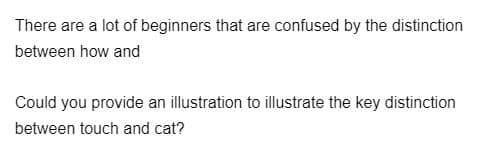 There are a lot of beginners that are confused by the distinction
between how and
Could you provide an illustration to illustrate the key distinction
between touch and cat?