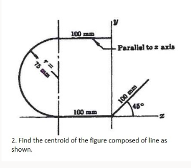 100
mm
- Parallel to z axis
100 mm
100 mm
2. Find the centroid of the figure composed of line as
shown.
75 mm
