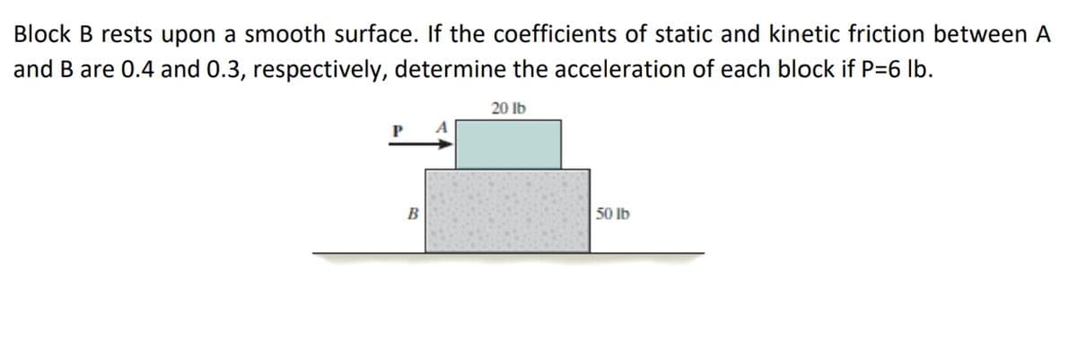 Block B rests upon a smooth surface. If the coefficients of static and kinetic friction between A
and B are 0.4 and 0.3, respectively, determine the acceleration of each block if P=6 lb.
20 Ib
P
B
50 Ib
