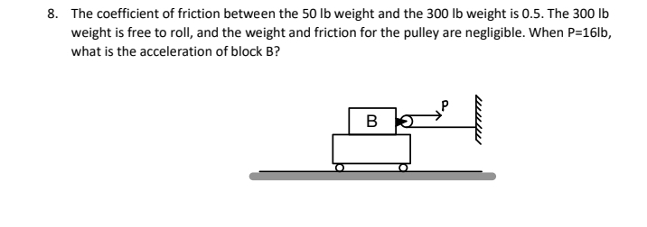 8. The coefficient of friction between the 50 Ib weight and the 300 lb weight is 0.5. The 300 Ib
weight is free to roll, and the weight and friction for the pulley are negligible. When P=16lb,
what is the acceleration of block B?
www
B.
