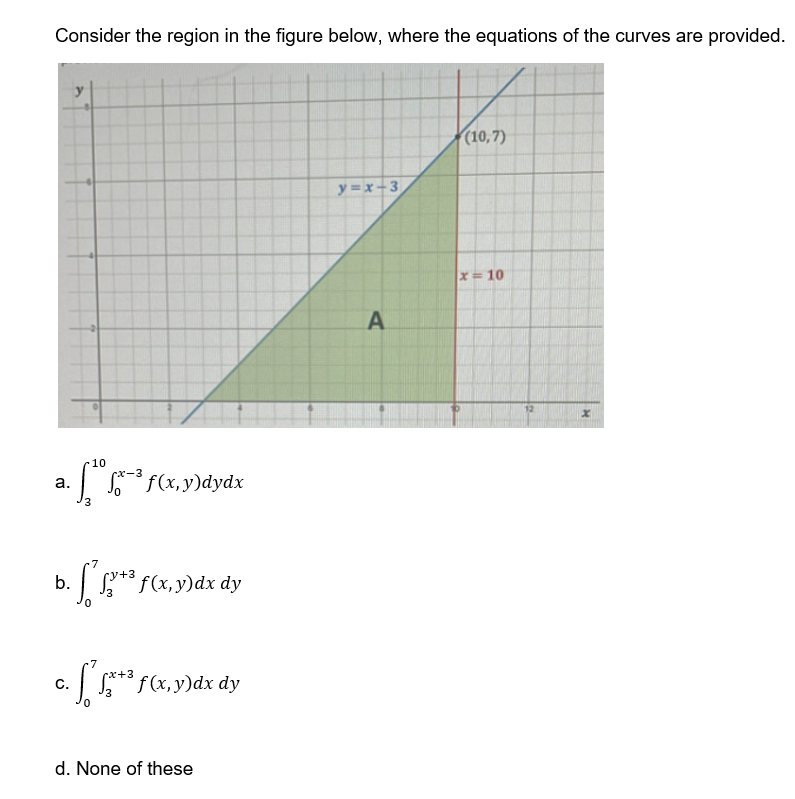 Consider the region in the figure below, where the equations of the curves are provided.
a.
b.
C.
10
f(x,y)dydx
ffy+² f(x, y)dx dy
3
rx+3
f²fx+³ f(x,y) dx dy
3
d. None of these
y=x-3
A
(10,7)
x= 10
H