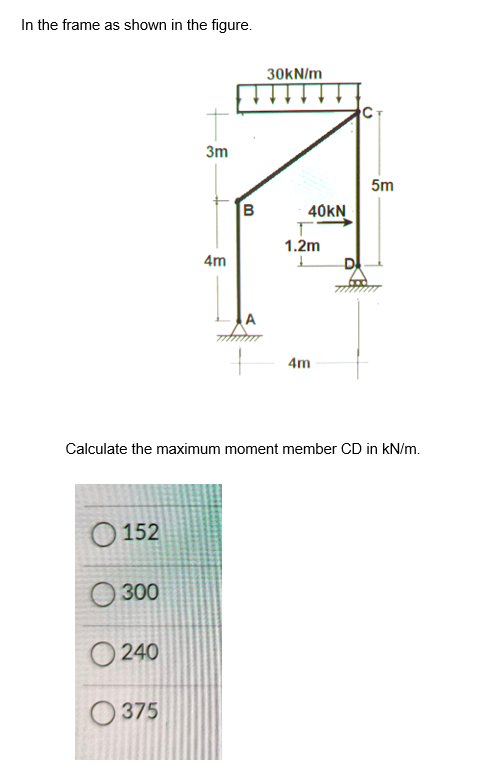 In the frame as shown in the figure.
152
300
3m
0240
375
4m
B
30kN/m
40KN
1.2m
1
4m
Calculate the maximum moment member CD in kN/m.
D
5m