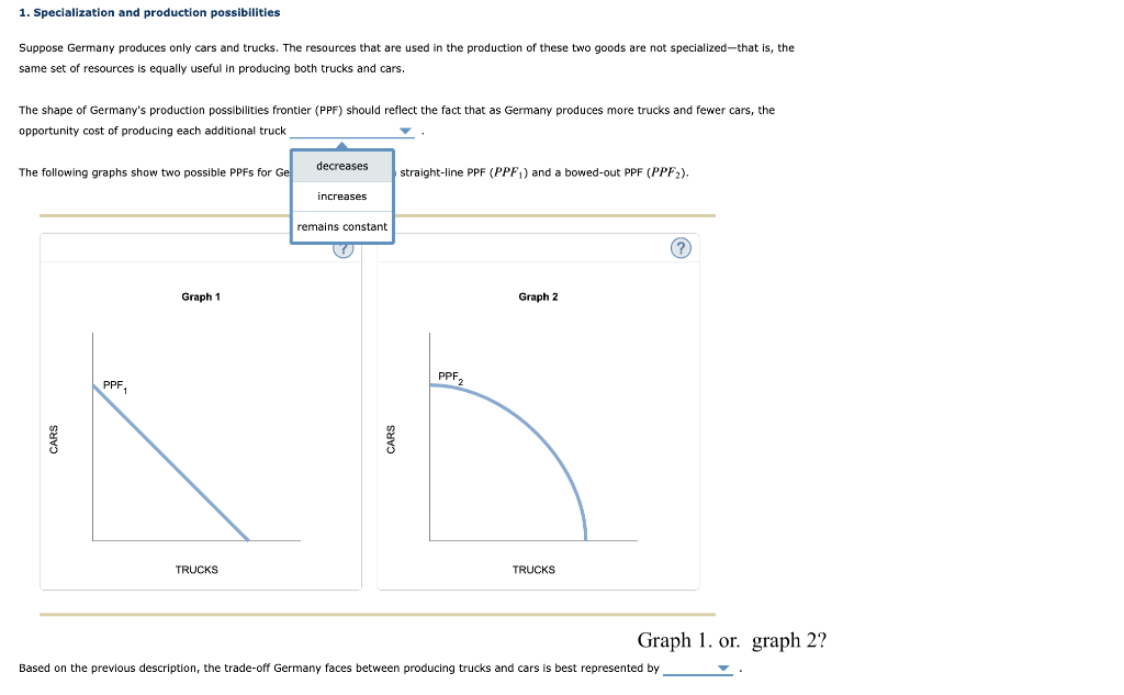 1. Specialization and production possibilities
Suppose Germany produces only cars and trucks. The resources that are used in the production of these two goods are not specialized-that is, the
same set of resources equally useful in producing both trucks and cars.
The shape of Germany's production possibilities frontier (PPF) should reflect the fact that as Germany produces more trucks and fewer cars, the
opportunity cost of producing each additional truck
The following graphs show two possible PPFs for Ge
PPF,
Graph 1
TRUCKS
decreases
increases
remains constant
CARS
straight-line PPF (PPF₁) and a bowed-out PPF (PPF2).
PPF₂
Graph 2
TRUCKS
Graph 1. or. graph 2?
Based on the previous description, the trade-off Germany faces between producing trucks and cars is best represented by