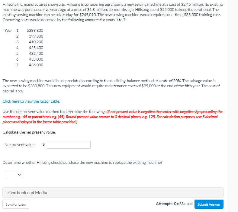 Hillsong Inc. manufactures snowsuits. Hillsong is considering purchasing a new sewing machine at a cost of $2.45 million. Its existing
machine was purchased five years ago at a price of $1.8 million; six months ago, Hillsong spent $55,000 to keep it operational. The
existing sewing machine can be sold today for $245,090. The new sewing machine would require a one-time, $85,000 training cost.
Operating costs would decrease by the following amounts for years 1 to 7:
Year 1
$389,800
2
399,800
410,200
4
425,400
5
432,400
6
435,000
7
436,000
The new sewing machine would be depreciated according to the declining-balance method at a rate of 20%. The salvage value is
expected to be $380,800. This new equipment would require maintenance costs of $99,000 at the end of the fifth year. The cost of
capital is 9%.
Click here to view the factor table.
Use the net present value method to determine the following: (If net present value is negative then enter with negative sign preceding the
number eg. -45 or parentheses e.g. (45). Round present value answer to 0 decimal places, eg. 125. For calculation purposes, use 5 decimal
places as displayed in the factor table provided.)
Calculate the net present value.
Net present value
$
Determine whether Hillsong should purchase the new machine to replace the existing machine?
eTextbook and Media
Save for Later
Attempts: 0 of 3 used
Submit Answer
