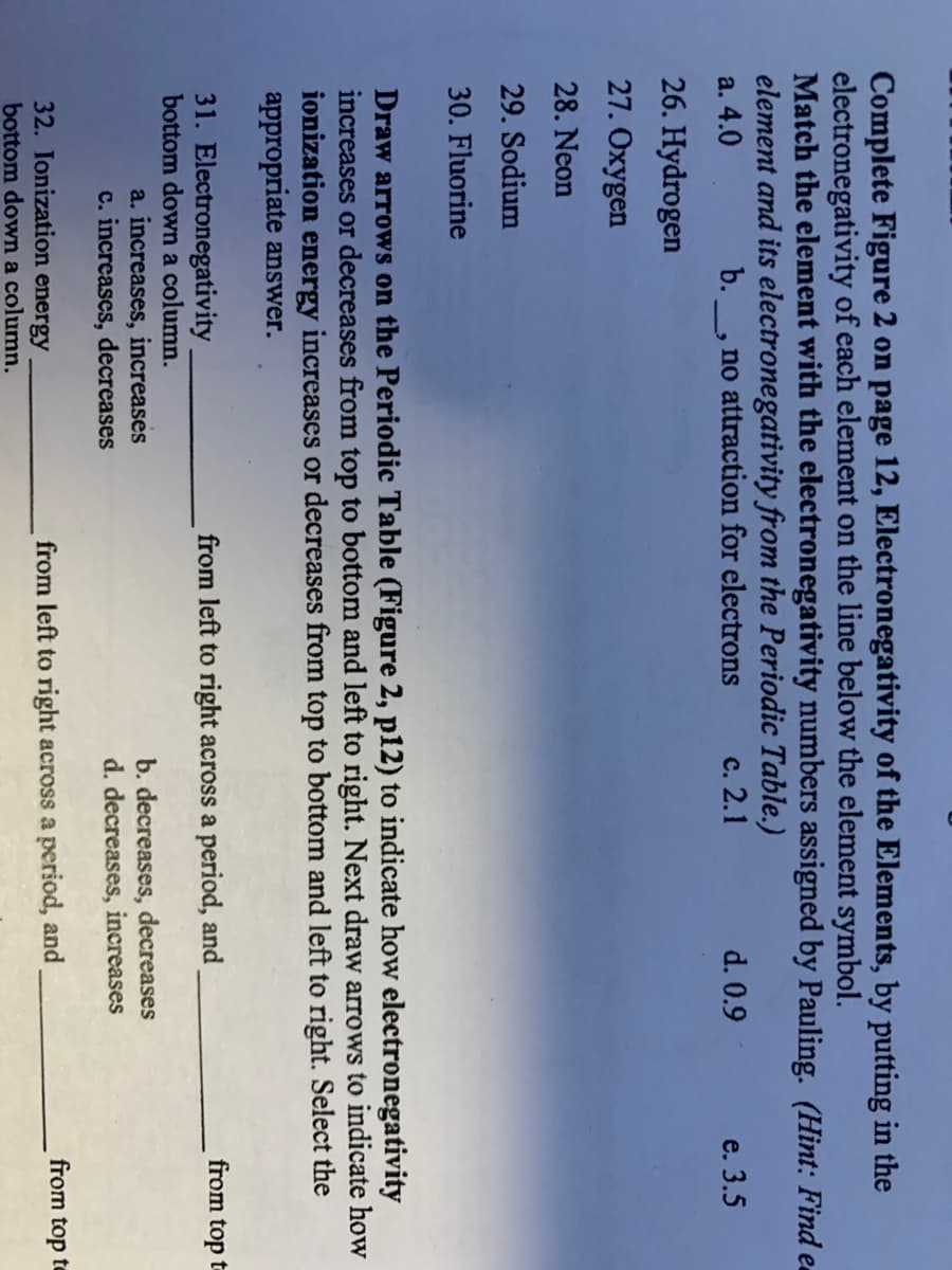 Complete Figure 2 on page 12, Electronegativity of the Elements, by putting in the
electronegativity of each element on the line below the element symbol.
Match the element with the electronegativity numbers assigned by Pauling. (Hint: Find e-
element and its electronegativity from the Periodic Table.)
a. 4.0
b.
no attraction for electrons
с. 2.1
d. 0.9
e. 3.5
26. Hydrogen
27. Oxygen
28. Neon
29. Sodium
30. Fluorine
Draw arrows on the Periodic Table (Figure 2, p12) to indicate how electronegativity
increases or decreases from top to bottom and left to right. Next draw arrows to indicate how
ionization energy increases or decreases from top to bottom and left to right. Select the
appropriate answer.
from top t
31. Electronegativity
bottom down a column.
from left to right across a period, and
a. increases, increases
c. increases, decreases
b. decreases, decreases
d. decreases, increases
from top te
32. Ionization energy
bottom down a column.
from left to right across a period, and
