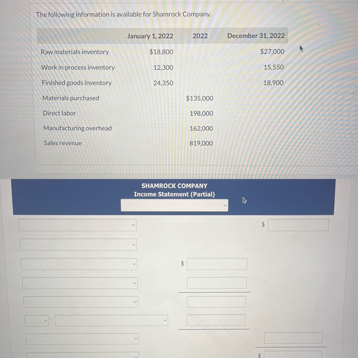 The following information is available for Shamrock Company.
Raw materials inventory
Work in process inventory
Finished goods inventory
Materials purchased
Direct labor
Manufacturing overhead
Sales revenue
January 1, 2022
$18,800
12,300
24,350
2022
tA
$135,000
198,000
162,000
819,000
SHAMROCK COMPANY
Income Statement (Partial)
December 31, 2022
$27,000
$
15,550
18,900
LA
$
4