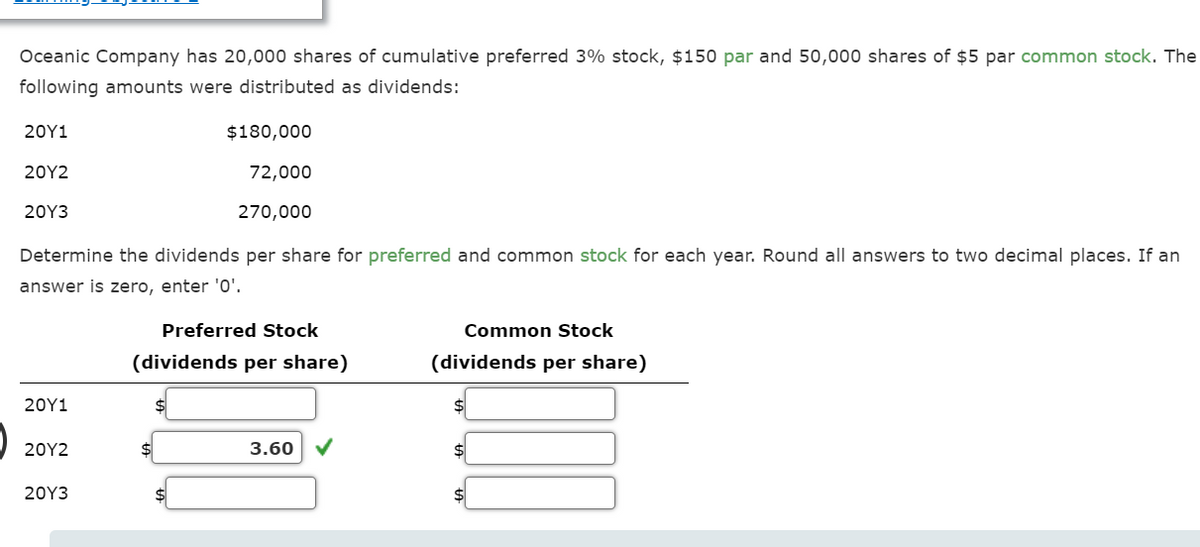 Oceanic Company has 20,000 shares of cumulative preferred 3% stock, $150 par and 50,000 shares of $5 par common stock. The
following amounts were distributed as dividends:
20Y1
20Y2
20Y3
Determine the dividends per share for preferred and common stock for each year. Round all answers to two decimal places. If an
answer is zero, enter '0'.
20Y1
20Y2
20Y3
$180,000
72,000
270,000
Preferred Stock
(dividends per share)
$
3.60
Common Stock
(dividends per share)
$
$