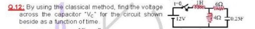 Q.12: By using the classical method, find the voltage
across the capacitor "Ve" for the circuit shown
beside as a function of time.
12V
42
C0.25F
