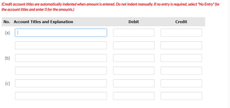 (Credit account titles are automatically indented when amount is entered. Do not indent manually. If no entry is required, select "No Entry" for
the account titles and enter O for the amounts.)
No. Account Titles and Explanation
Debit
Credit
(a)
(b)
(c)
