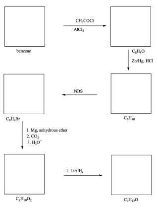 CH,COCI
AICI,
benzene
C,H,0
ZHg, HCI
NBS
C,H,Br
CH10
1. Mg, anhydrous ether
2. СО,
3. H,O
1. LIAIH,
