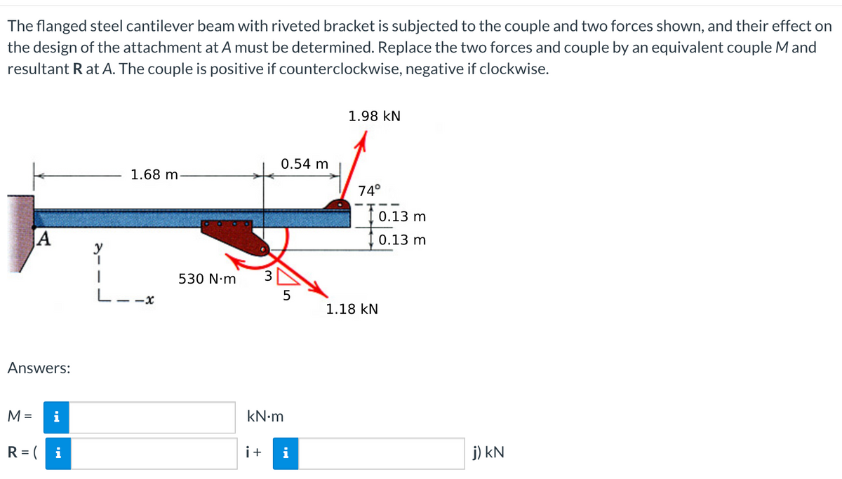 The flanged steel cantilever beam with riveted bracket is subjected to the couple and two forces shown, and their effect on
the design of the attachment at A must be determined. Replace the two forces and couple by an equivalent couple M and
resultant R at A. The couple is positive if counterclockwise, negative if clockwise.
1.98 kN
0.54 m
1.68 m-
74°
0.13 m
JA
0.13 m
530 N·m
L--x
1.18 kN
Answers:
M =
i
kN-m
R = ( i
i+
j) kN
3.
