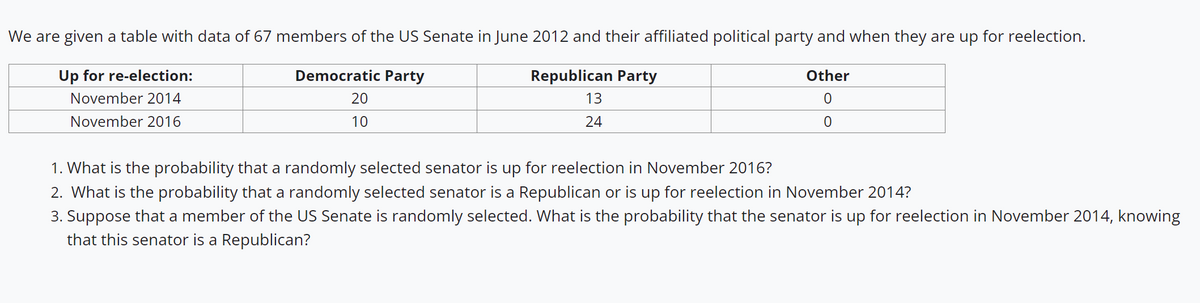 We are given a table with data of 67 members of the US Senate in June 2012 and their affiliated political party and when they are up for reelection.
Up for re-election:
Democratic Party
20
10
Other
0
November 2014
November 2016
0
Republican Party
13
24
1. What is the probability that a randomly selected senator is up for reelection in November 2016?
2. What is the probability that a randomly selected senator a Republican or is up for reelection in November 2014?
3. Suppose that a member of the US Senate is randomly selected. What is the probability that the senator is up for reelection in November 2014, knowing
that this senator is a Republican?