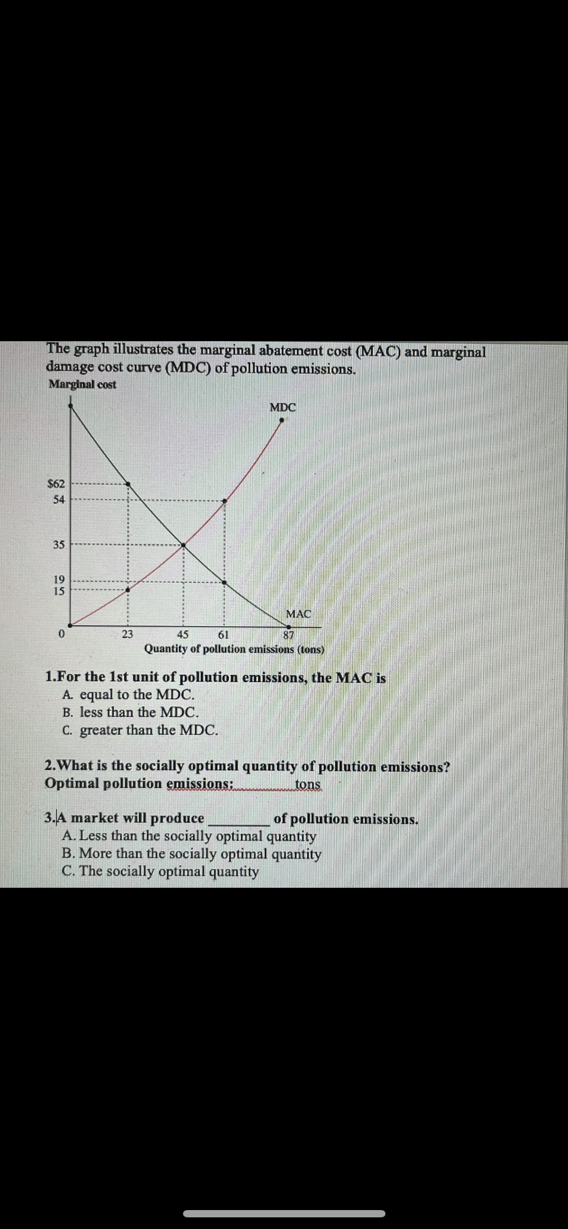 The graph illustrates the marginal abatement cost (MAC) and marginal
damage cost curve (MDC) of pollution emissions.
Marginal cost
$62
54
35
19
15
0
23
MDC
MAC
45
61
87
Quantity of pollution emissions (tons)
2. What is the socially optimal
Optimal pollution emissions:
1.For the 1st unit of pollution emissions, the MAC is
A. equal to the MDC.
B. less than the MDC.
C. greater than the MDC.
quantity of pollution emissions?
tons
3.A market will produce
A. Less than the socially optimal quantity
B. More than the socially optimal quantity
C. The socially optimal quantity
of pollution emissions.