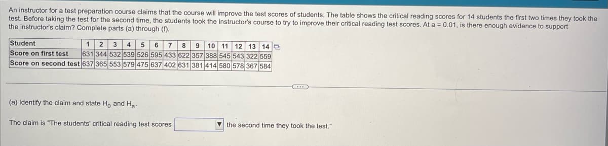 An instructor for a test preparation course claims that the course will improve the test scores of students. The table shows the critical reading scores for 14 students the first two times they took the
test. Before taking the test for the second time, the students took the instructor's course to try to improve their critical reading test scores. At a = 0.01, is there enough evidence to support
the instructor's claim? Complete parts (a) through (f).
Student
1 2 3 4 5 6 7 8 9 10 11 12 13 14
Score on first test 631 344 532 539 526 595 433 622 357 388 545 543 322 559
Score on second test 637 365 553 579 475 637 402 631 381 414 580 578 367 584
(a) Identify the claim and state Ho and Ha
The claim is "The students' critical reading test scores
...
the second time they took the test."