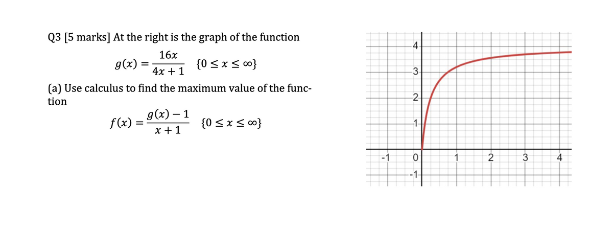 Q3 [5 marks] At the right is the graph of the function
4.
16x
g(x)
=
{0 ≤ x ≤ ∞}
4x + 1
(a) Use calculus to find the maximum value of the func-
3.
tion
g(x) - 1
f(x) =
{0 ≤ x ≤ ∞o}
x+1
2
1-
0
-1-
2
3
4