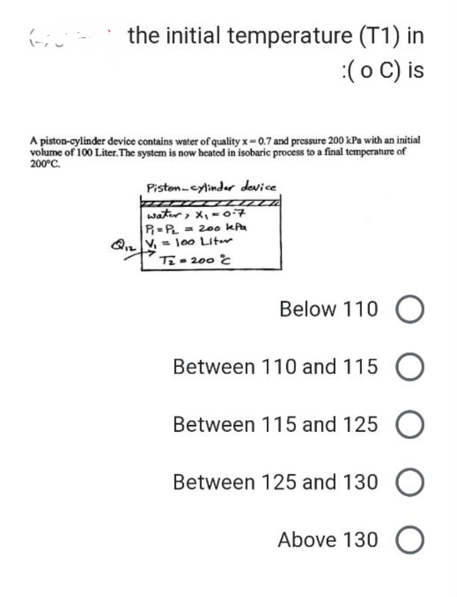 the initial temperature (T1) in
:( o C) is
A piston-cylinder device contains water of quality x=0.7 and pressure 200 kPa with an initial
volume of 100 Liter. The system is now heated in isobaric process to a final temperature of
200°C.
Piston-cylinder device
water, x₁ = 0.7
= 200 kPa
₁2V₁ = 100 Liter
T₂ = 200 °C
Below 110 O
Between 110 and 115 O
Between 115 and 125 O
Between 125 and 130 O
Above 130 O