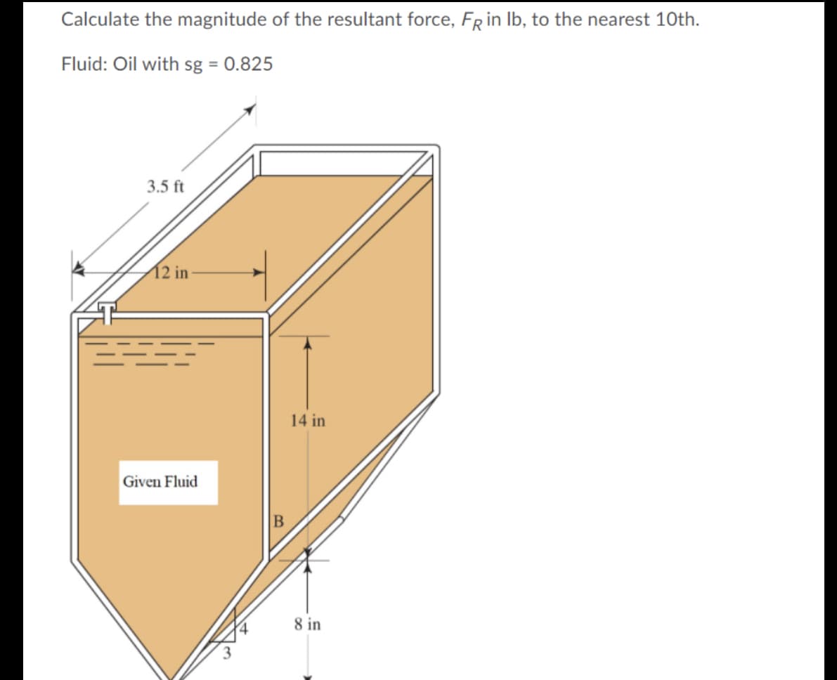 Calculate the magnitude of the resultant force, FR in Ib, to the nearest 10th.
Fluid: Oil with sg = 0.825
3.5 ft
12 in
14 in
Given Fluid
8 in
