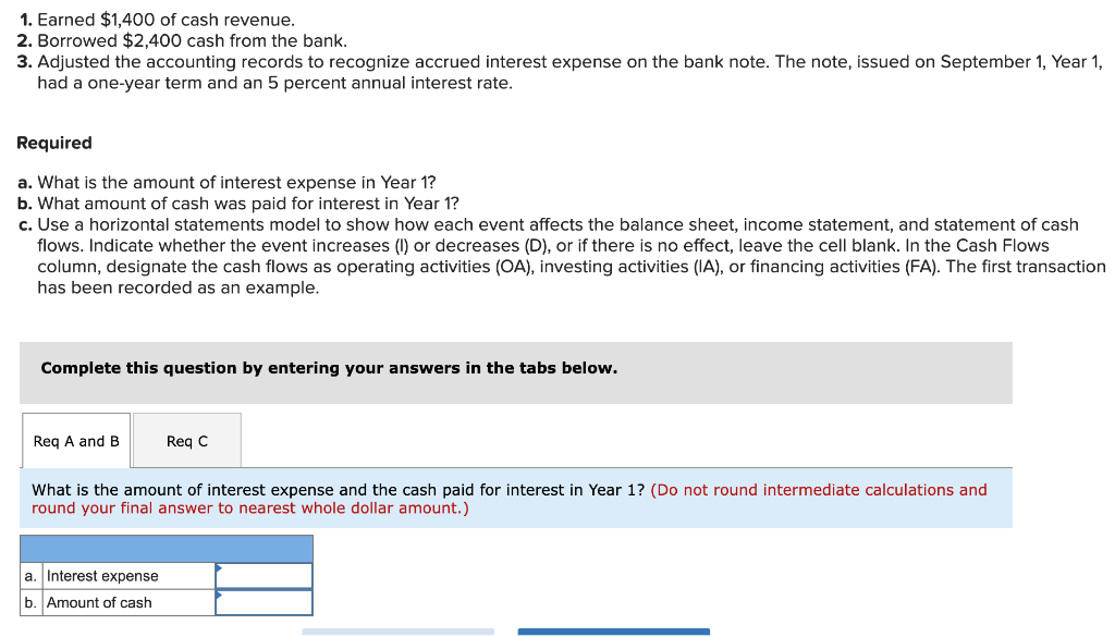 1. Earned $1,400 of cash revenue.
2. Borrowed $2,400 cash from the bank.
3. Adjusted the accounting records to recognize accrued interest expense on the bank note. The note, issued on September 1, Year 1,
had a one-year term and an 5 percent annual interest rate.
Required
a. What is the amount of interest expense in Year 1?
b. What amount of cash was paid for interest in Year 1?
c. Use a horizontal statements model to show how each event affects the balance sheet, income statement, and statement of cash
flows. Indicate whether the event increases (I) or decreases (D), or if there is no effect, leave the cell blank. In the Cash Flows
column, designate the cash flows as operating activities (OA), investing activities (IA), or financing activities (FA). The first transaction
has been recorded as an example.
Complete this question by entering your answers in the tabs below.
Req A and B
Req C
What is the amount of interest expense and the cash paid for interest in Year 1? (Do not round intermediate calculations and
round your final answer to nearest whole dollar amount.)
a. Interest expense
b. Amount of cash