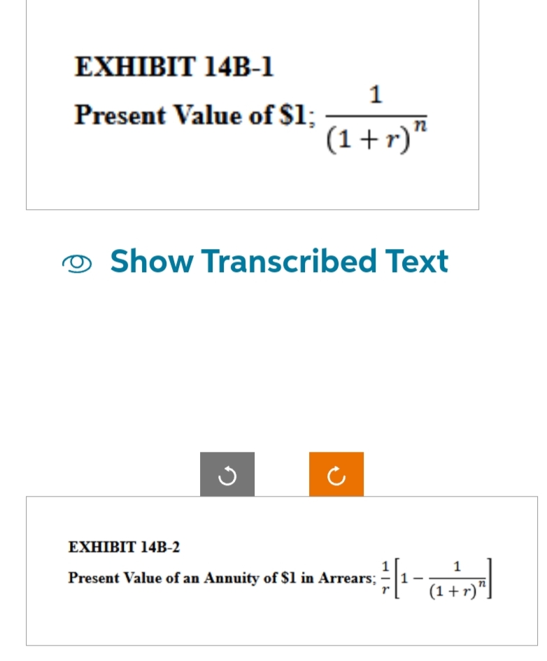 EXHIBIT 14B-1
Present Value of $1;
1
(1+r)"
Show Transcribed Text
EXHIBIT 14B-2
Present Value of an Annuity of $1 in Arrears;
1
(1+r)'