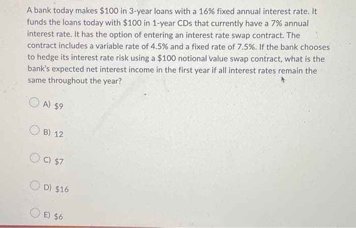 A bank today makes $100 in 3-year loans with a 16% fixed annual interest rate. It
funds the loans today with $100 in 1-year CDs that currently have a 7% annual
interest rate. It has the option of entering an interest rate swap contract. The
contract includes a variable rate of 4.5% and a fixed rate of 7.5%. If the bank chooses
to hedge its interest rate risk using a $100 notional value swap contract, what is the
bank's expected net interest income in the first year if all interest rates remain the
same throughout the year?
A) $9
OB) 12
OC) $7
OD) $16
O E) $6