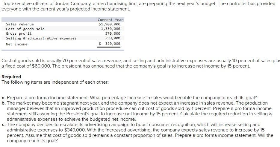 Top executive officers of Jordan Company, a merchandising firm, are preparing the next year's budget. The controller has provided
everyone with the current year's projected income statement.
Sales revenue
Cost of goods sold
Gross profit
Selling & administrative expenses
Net income
Current Year
$1,900,000
1,330,000
570,000
250,000
$ 320,000
Cost of goods sold is usually 70 percent of sales revenue, and selling and administrative expenses are usually 10 percent of sales plus
a fixed cost of $60,000. The president has announced that the company's goal is to increase net income by 15 percent.
Required
The following items are independent of each other:
a. Prepare a pro forma income statement. What percentage increase in sales would enable the company to reach its goal?
b. The market may become stagnant next year, and the company does not expect an increase in sales revenue. The production
manager believes that an improved production procedure can cut cost of goods sold by 1 percent. Prepare a pro forma income
statement still assuming the President's goal to increase net income by 15 percent. Calculate the required reduction in selling &
administrative expenses to achieve the budgeted net income.
c. The company decides to escalate its advertising campaign to boost consumer recognition, which will increase selling and
administrative expenses to $349,000. With the increased advertising, the company expects sales revenue to increase by 15
percent. Assume that cost of goods sold remains a constant proportion of sales. Prepare a pro forma income statement. Will the
company reach its goal?