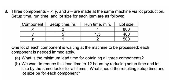 8. Three components – x, y, and z- are made at the same machine via lot production.
Setup time, run time, and lot size for each item are as follows:
Setup time, hr.
2
Lot size
800
Component
Run time, min.
1.5
400
1
2
500
One lot of each component is waiting at the machine to be processed: each
component is needed immediately.
(a) What is the minimum lead time for obtaining all three components?
(b) We want to reduce this lead time to 12 hours by reducing setup time and lot
size by the same factor for all items. What should the resulting setup time and
lot size be for each component?
