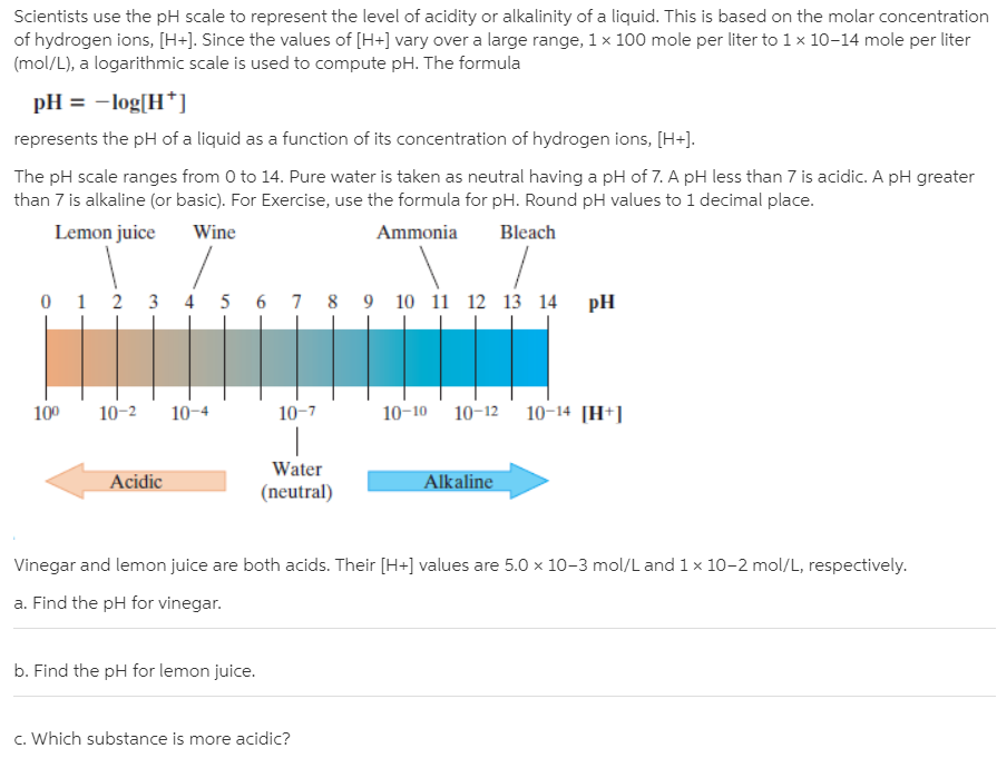 Scientists use the pH scale to represent the level of acidity or alkalinity of a liquid. This is based on the molar concentration
of hydrogen ions, [H+]. Since the values of [H+] vary over a large range, 1 x 100 mole per liter to 1 × 10-14 mole per liter
(mol/L), a logarithmic scale is used to compute pH. The formula
pH = -log[H*]
represents the pH of a liquid as a function of its concentration of hydrogen ions, [H+].
The pH scale ranges from 0 to 14. Pure water is taken as neutral having a pH of 7. A pH less than 7 is acidic. A pH greater
than 7 is alkaline (or basic). For Exercise, use the formula for pH. Round pH values to 1 decimal place.
Lemon juice
Wine
Ammonia
Bleach
0 1 2 3 4 5 6 7 8 9 10 11 12 13 14 pH
100
10-2
10-4
10-7
10-10 10-12 10-14 [H+]
Water
Acidic
Alkaline
(neutral)
Vinegar and lemon juice are both acids. Their [H+] values are 5.0 x 10-3 mol/L and 1 x 10-2 mol/L, respectively.
a. Find the pH for vinegar.
b. Find the pH for lemon juice.
c. Which substance is more acidic?
