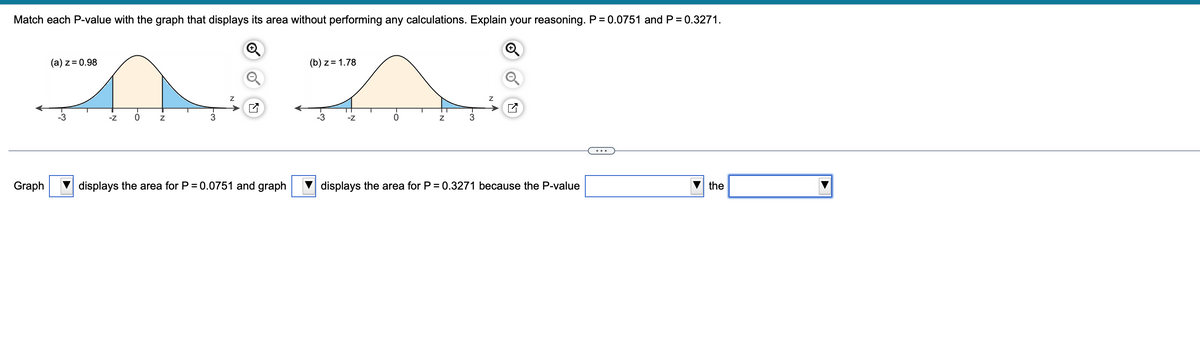 Match each P-value with the graph that displays its area without performing any calculations. Explain your reasoning. P = 0.0751 and P = 0.3271.
(b) z = 1.78
^^
Z
Graph
(a) z = 0.98
-3
-Z
Z
displays the area for P = 0.0751 and graph
-3
-Z
Z
3
Z
displays the area for P = 0.3271 because the P-value
the