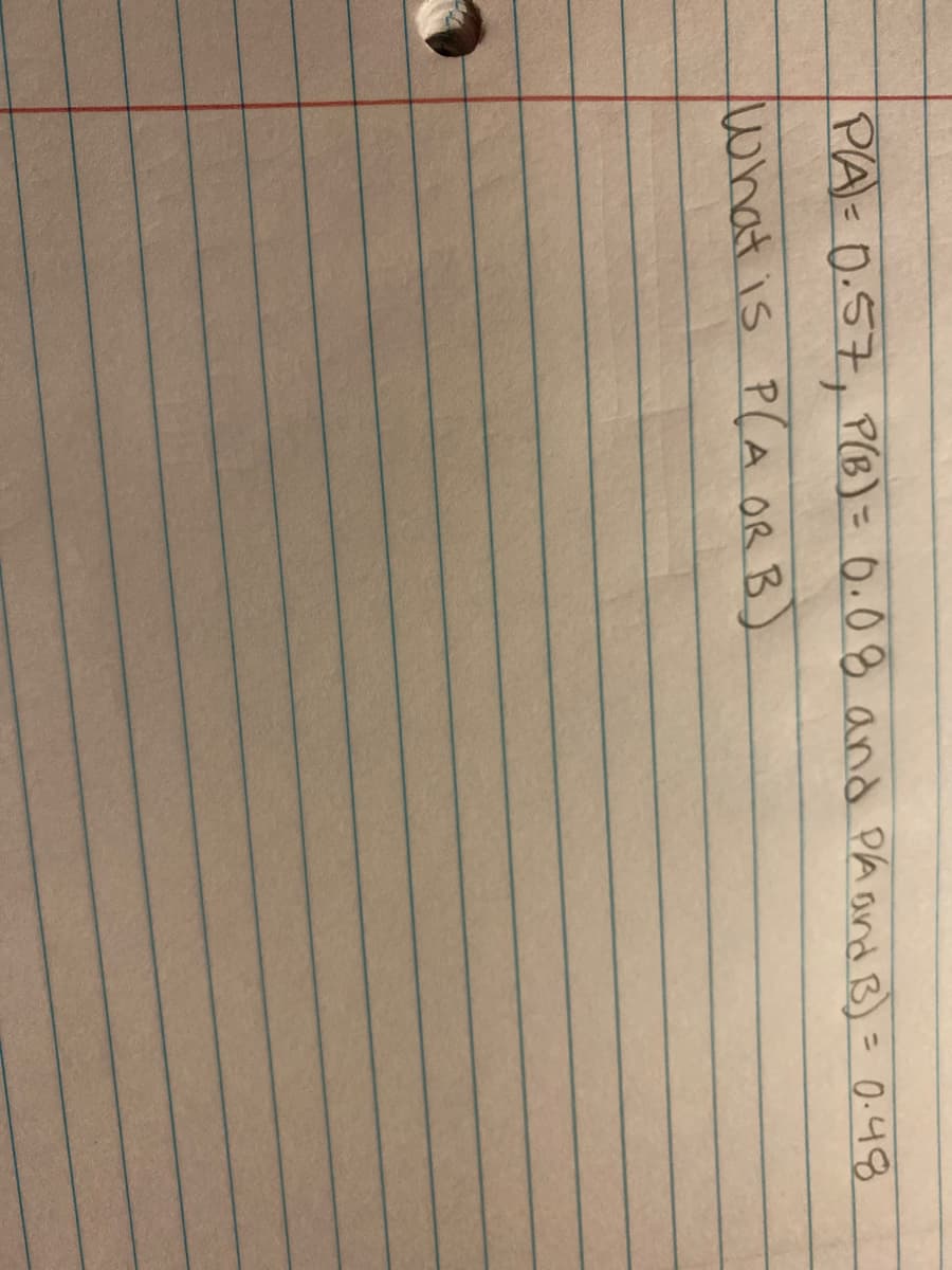 PA-0.57, P(B)= 0.08 and PAand B)= 0.48
%3D
what is P(A OR B)
