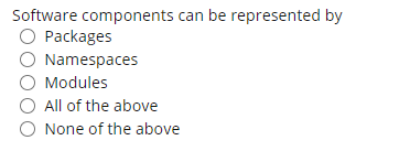 Software components can be represented by
O Packages
Namespaces
Modules
All of the above
O None of the above
