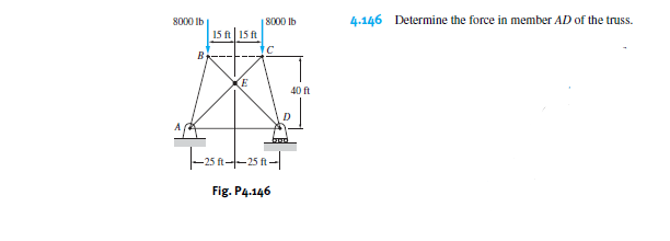 8000 Ib
8000 Ib
4.146 Determine the force in member AD of the truss.
15 ft| 15 ft
B
(E
40 ft
D
A
bud
-25 ft--25
Fig. P4.146
