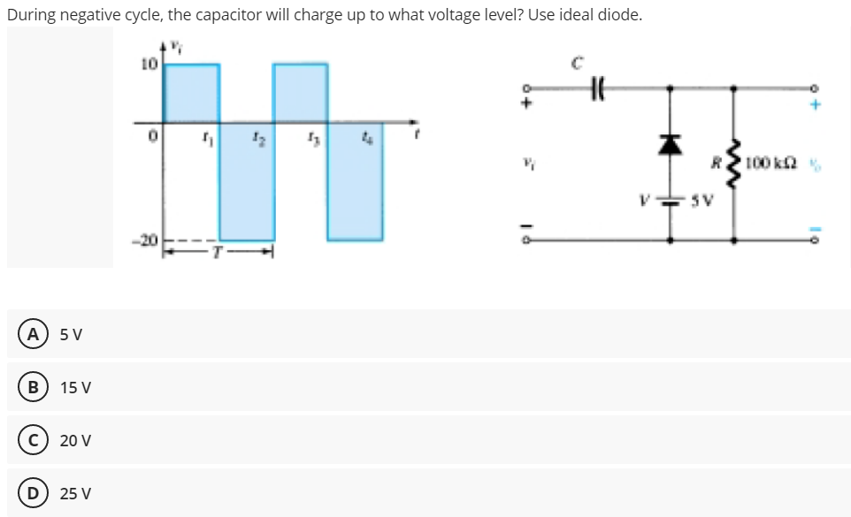 During negative cycle, the capacitor will charge up to what voltage level? Use ideal diode.
10
R 100 ka
SV
-20
A
5 V
15 V
c) 20 V
D
25 V
