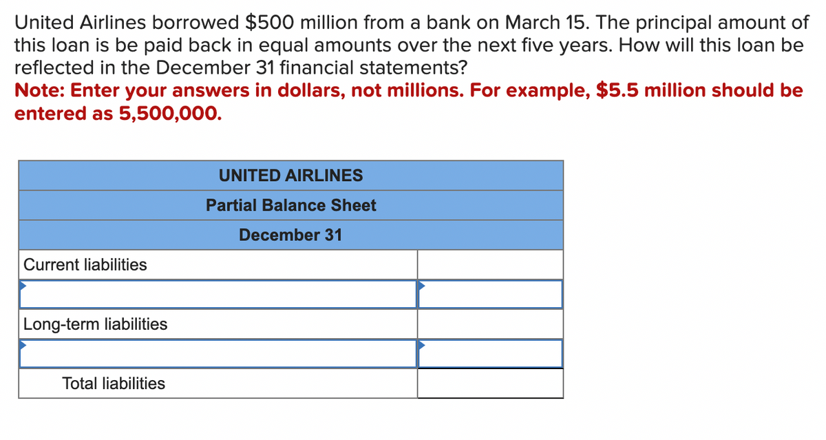 United Airlines borrowed $500 million from a bank on March 15. The principal amount of
this loan is be paid back in equal amounts over the next five years. How will this loan be
reflected in the December 31 financial statements?
Note: Enter your answers in dollars, not millions. For example, $5.5 million should be
entered as 5,500,000.
Current liabilities
Long-term liabilities
Total liabilities
UNITED AIRLINES
Partial Balance Sheet
December 31