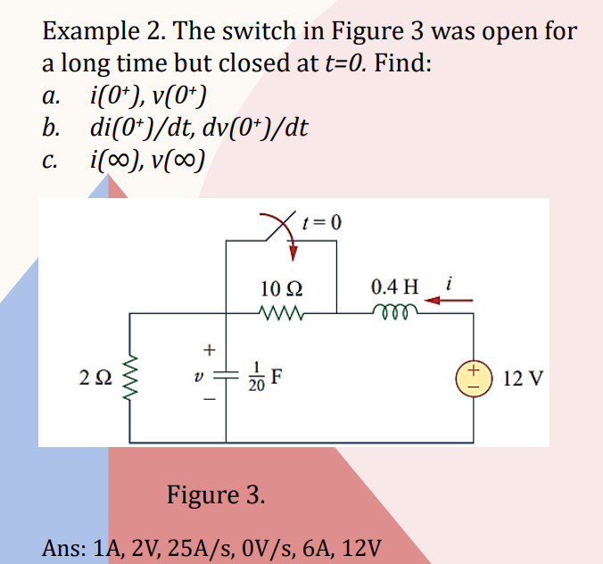 Example 2. The switch in Figure 3 was open for
a long time but closed at t=0. Find:
a. i(0+), v(0*)
b.
C.
di(0*)/dt, dv(0*)/dt
i(∞), V(∞)
252
+
Xt=0
10 Q2
www
-12
F
20
0.4 H
m
Figure 3.
Ans: 1A, 2V, 25A/s, OV/s, 6A, 12V
i
12 V