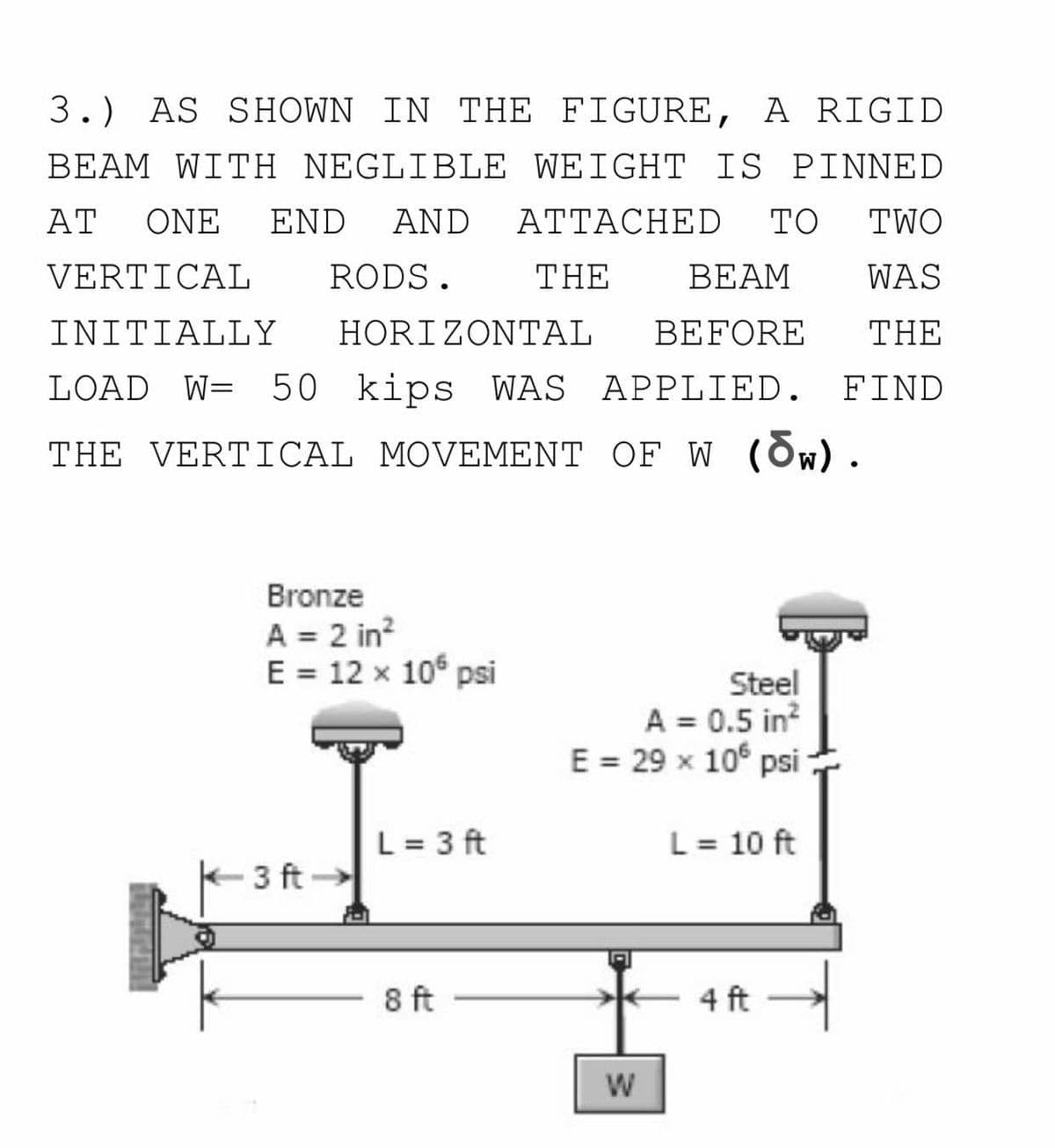 3.) AS SHOWN IN THE FIGURE, A RIGID
BEAM WITH NEGLIBLE WEIGHT IS PINNED
AT
ONE
END
AND
ATTACHED
то
TWO
VERTICAL
RODS.
THE
BEAM
WAS
INITIALLY
HORI ZΟΝΤAL
BEFORE
THE
LOAD W= 50 kips WAS APPLIED.
FIND
THE VERTICAL MOVEMENT OF W (Ow).
Bronze
A = 2 in?
E = 12 x 106 psi
Steel
A = 0.5 in?
E = 29 x 10° psi
L = 3 ft
L = 10 ft
3 ft
8 ft
4 ft
